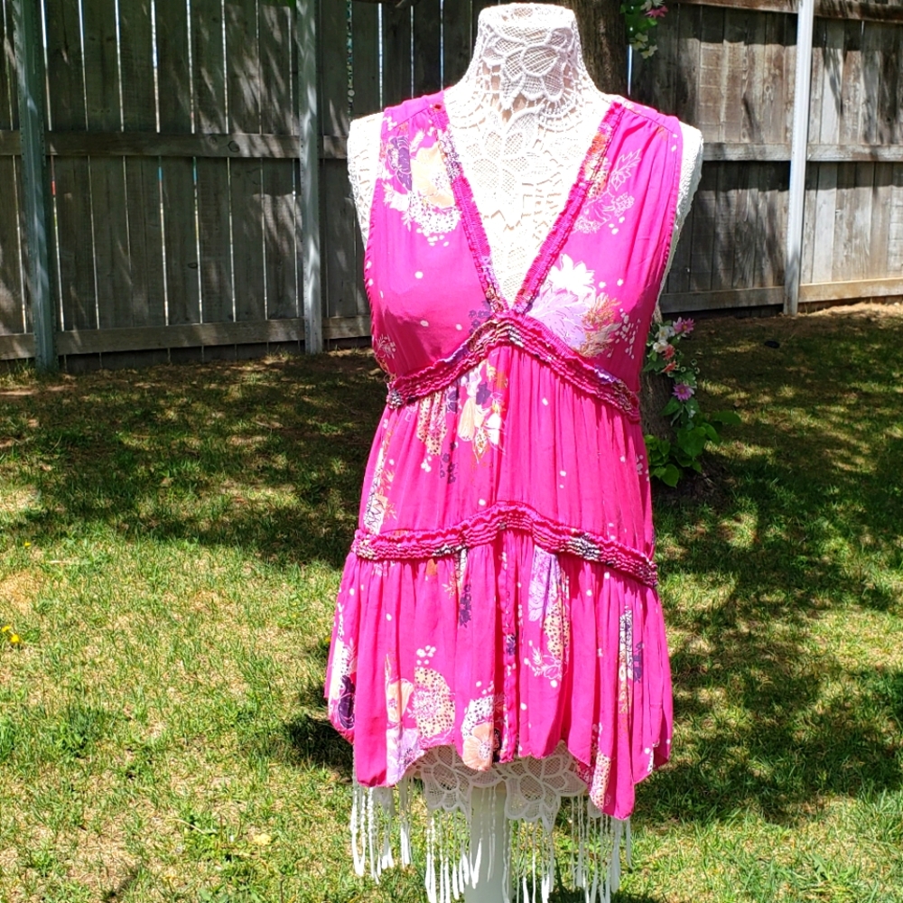 Free People Pink Floral Sleeveless Tunic Top